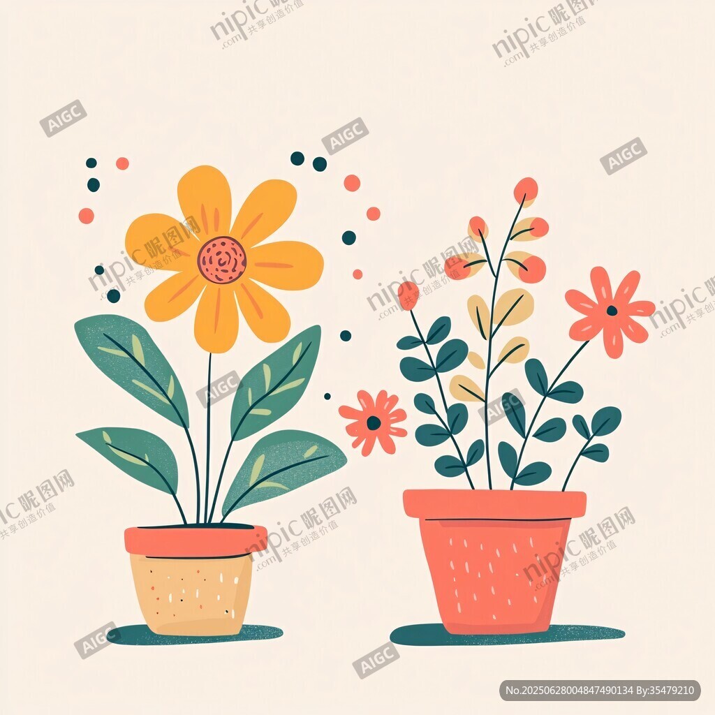 兩盆可愛插畫風格花卉盆栽