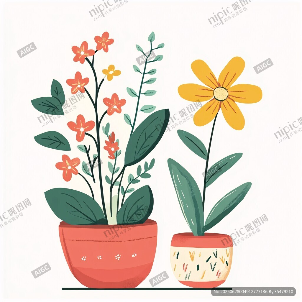 兩盆花卉插畫 清新可愛風