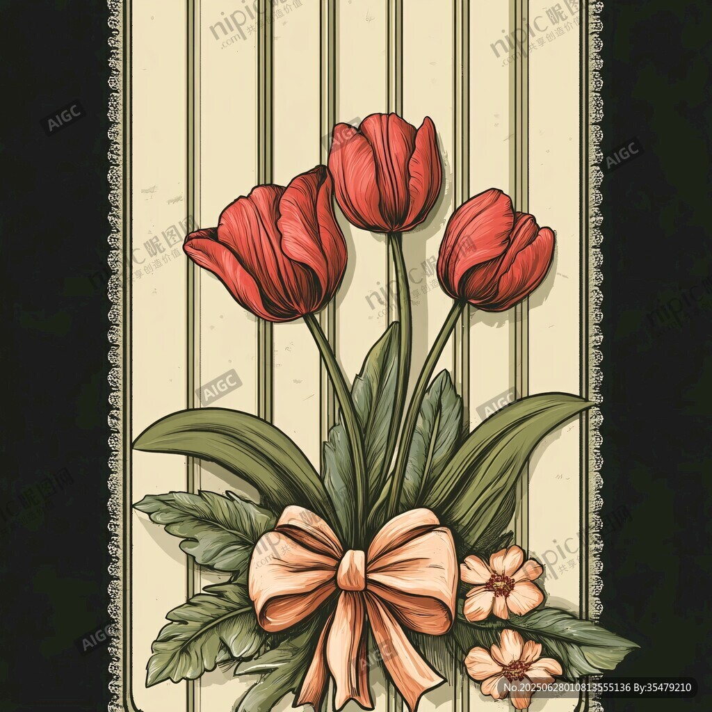 復(fù)古風(fēng)紅郁金香花卉插畫(huà)