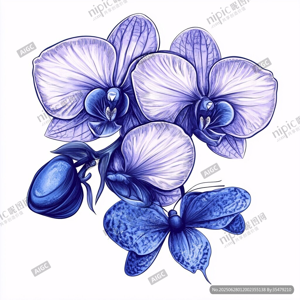 藍(lán)紫色蘭花與蝴蝶插畫