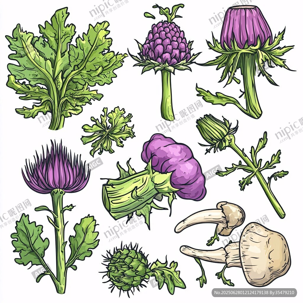 薊類蔬菜與蘑菇手繪插畫