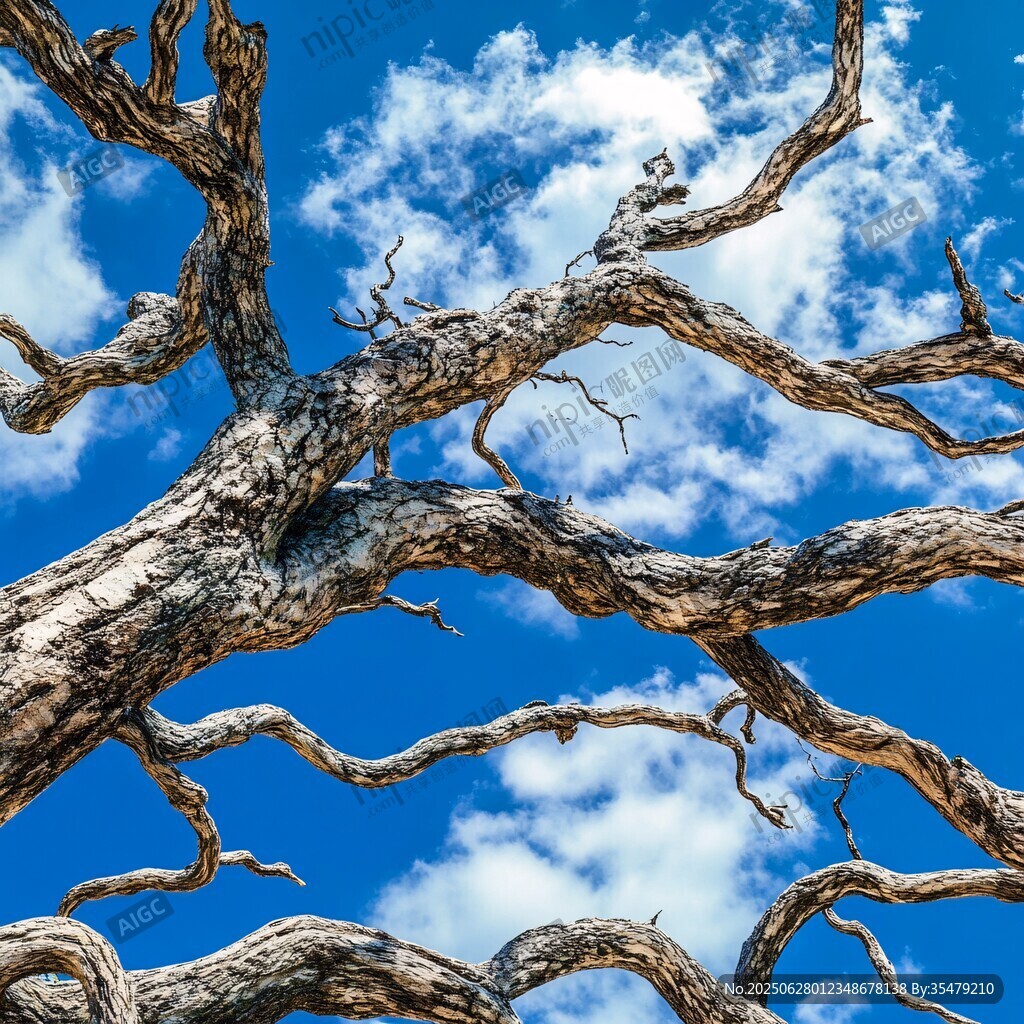 枯樹枝干與藍天白云景象