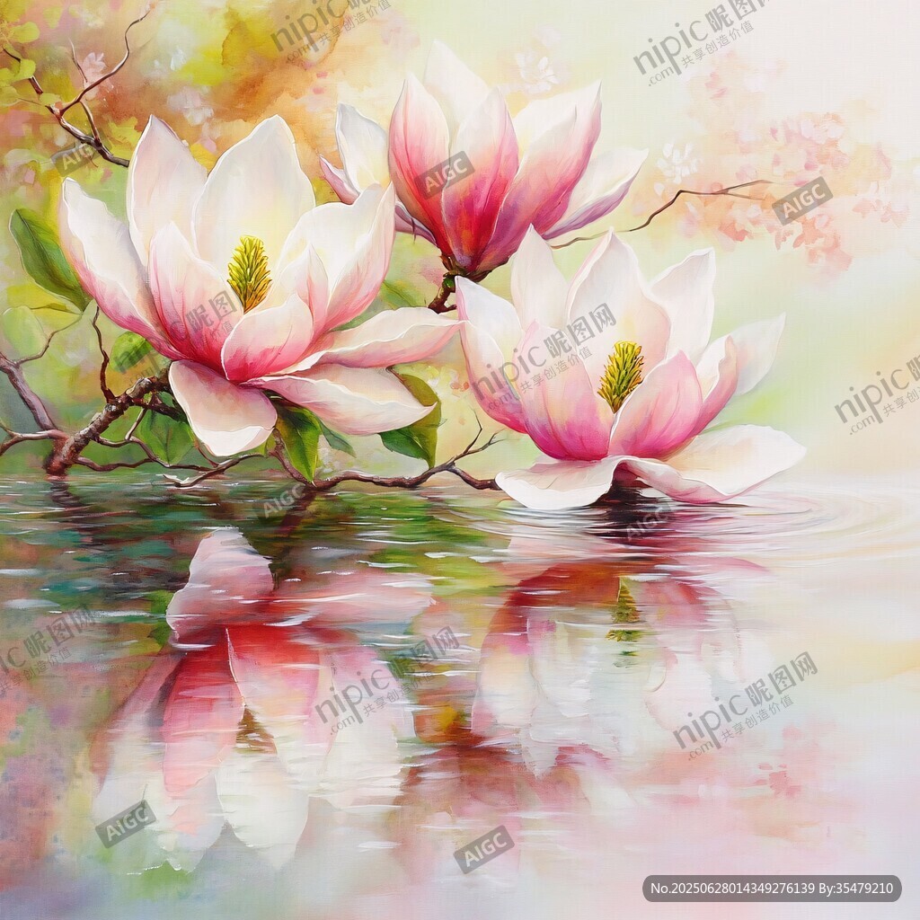 玉蘭花倒映水中的唯美景象