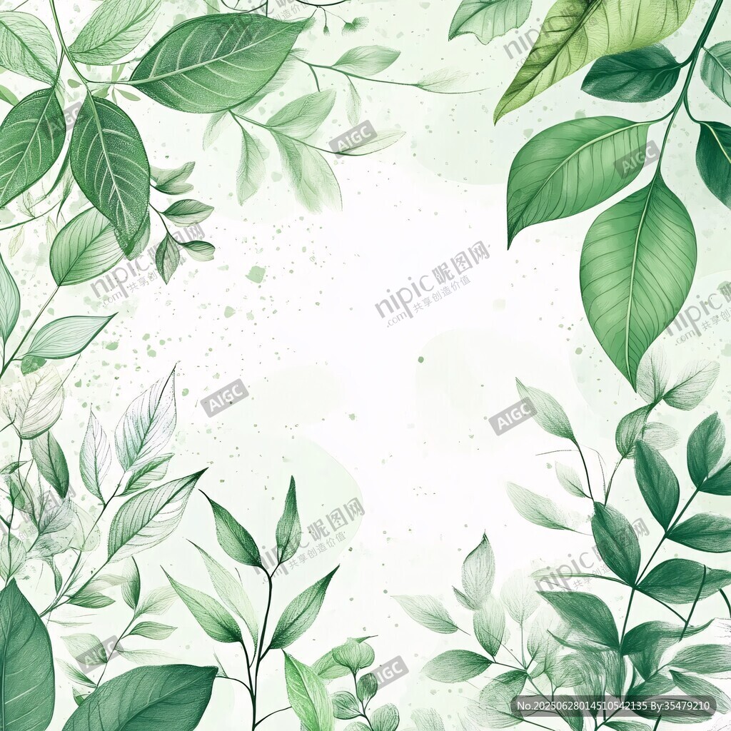 清新綠葉邊框水彩背景圖