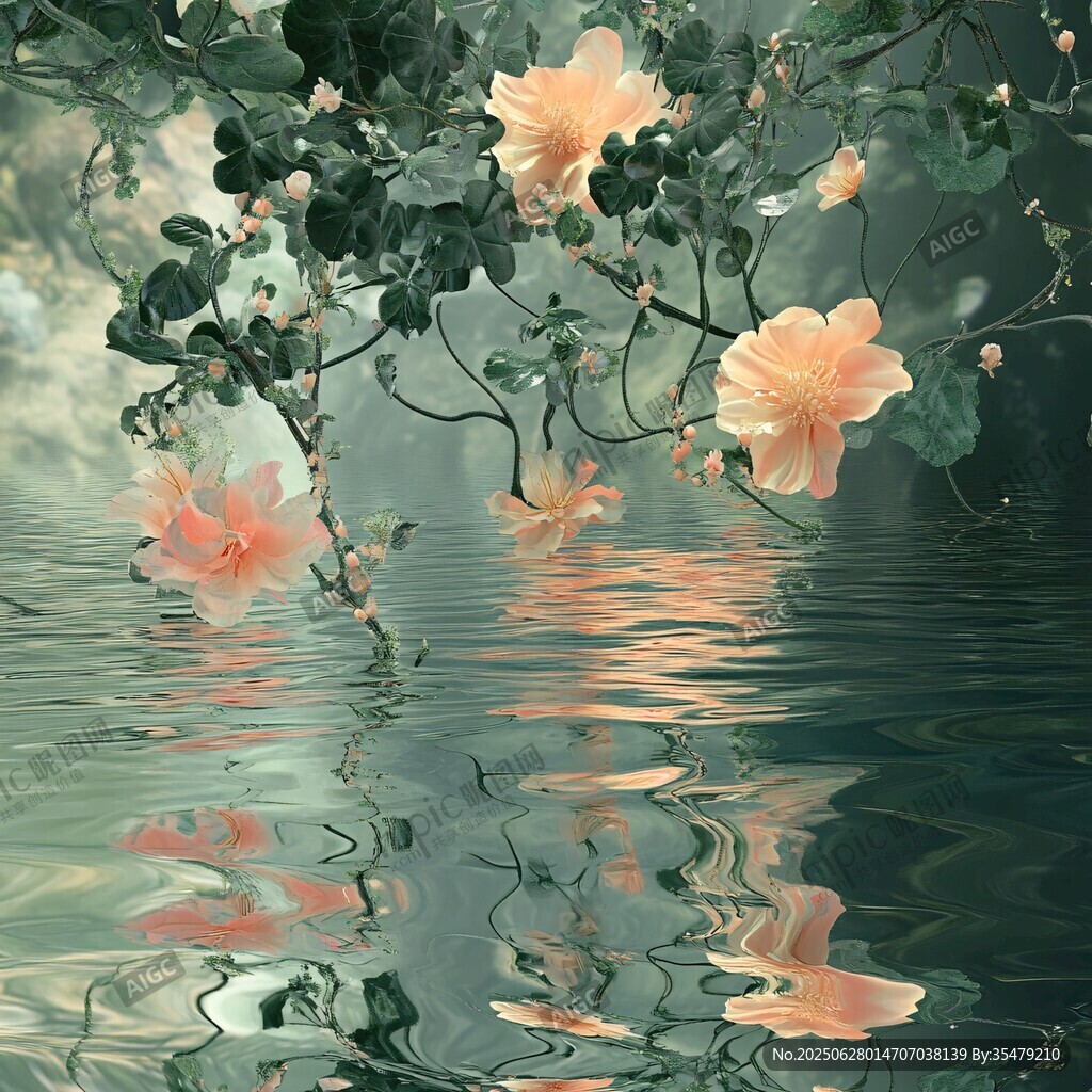 湖畔繁花映水的夢幻景致