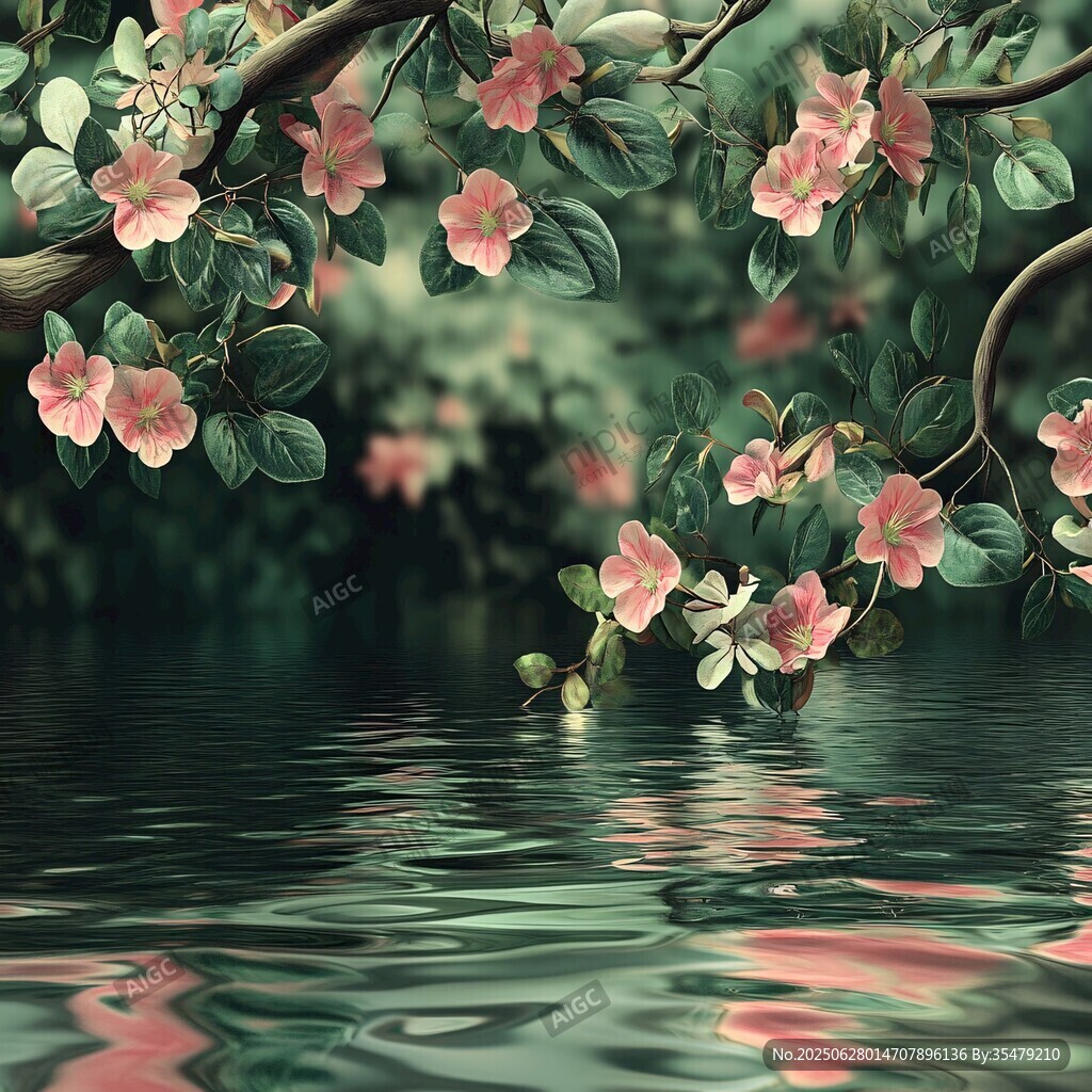 湖畔繁花映水的美麗景致