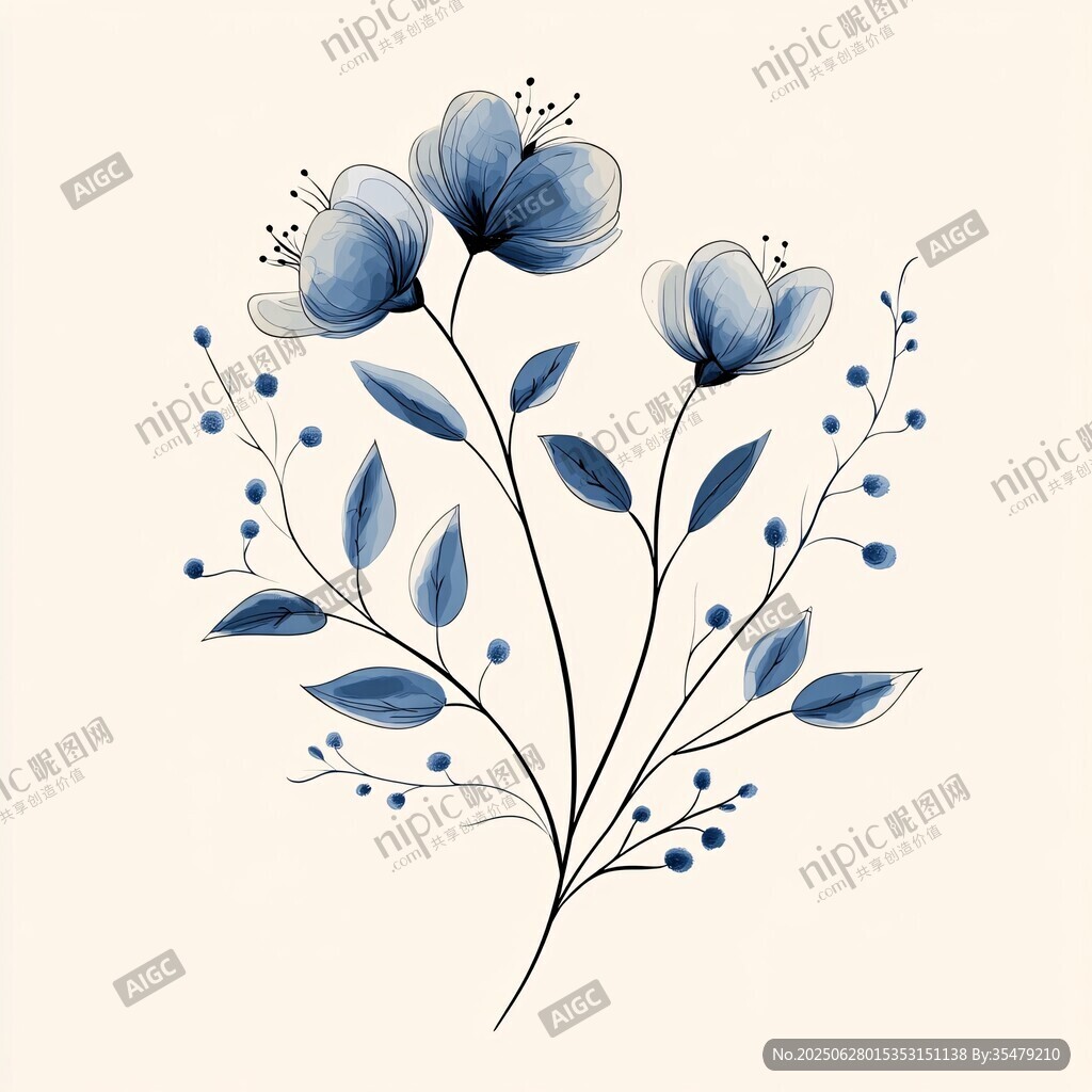藍色手繪花卉插畫