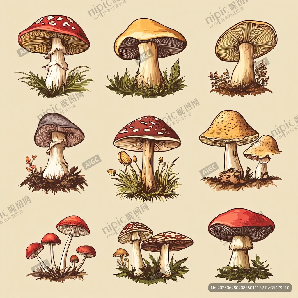 手繪多彩蘑菇插畫集合
