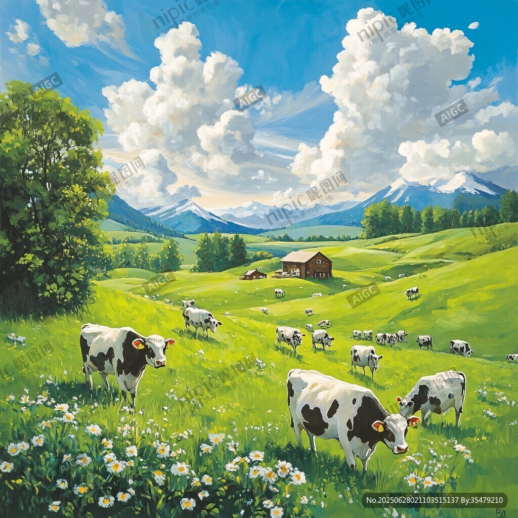 田園牧歌 綠野上的奶牛風(fēng)景