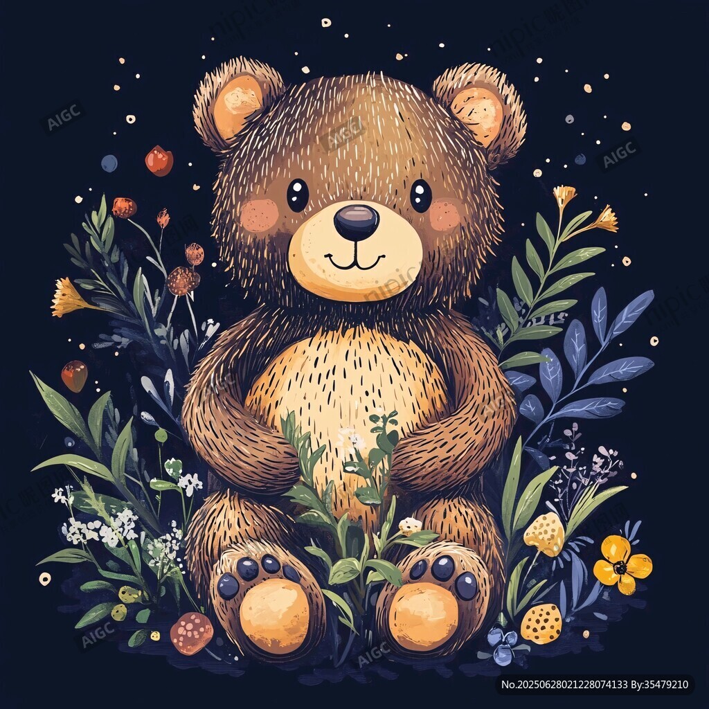 可愛小熊置身花草星空下