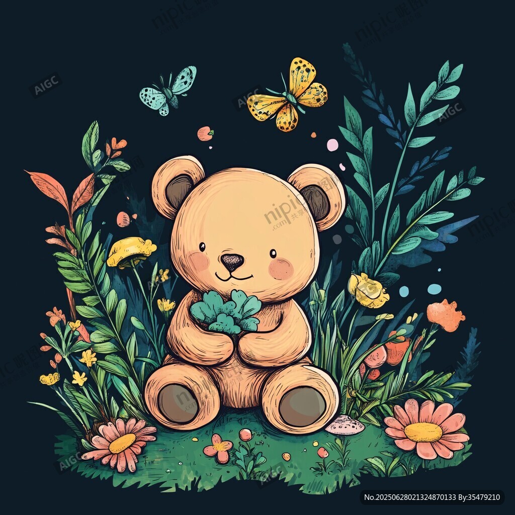 小熊在花叢中懷抱綠植