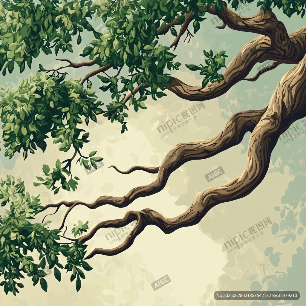 彎曲樹枝與蔥郁綠葉圖景