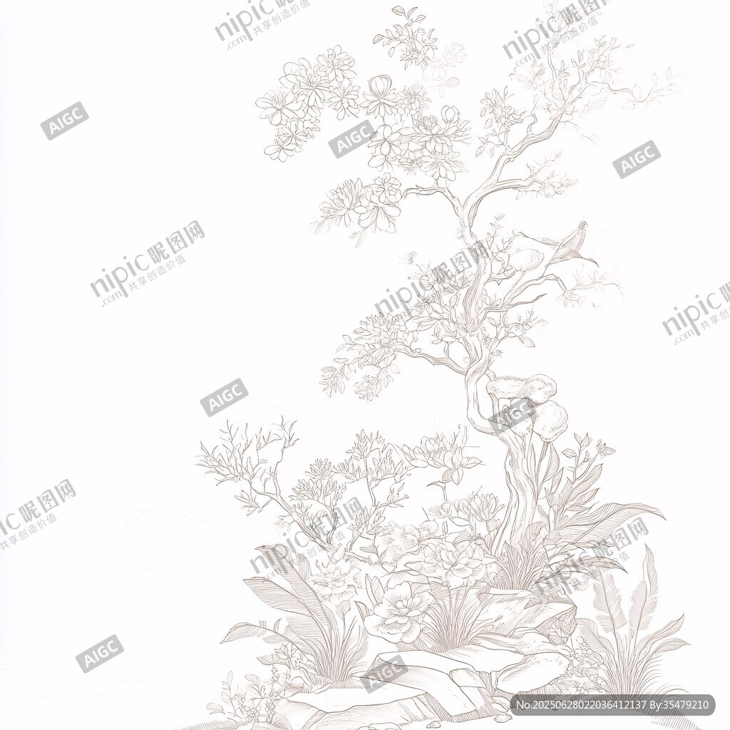 花卉樹木鳥石線描圖