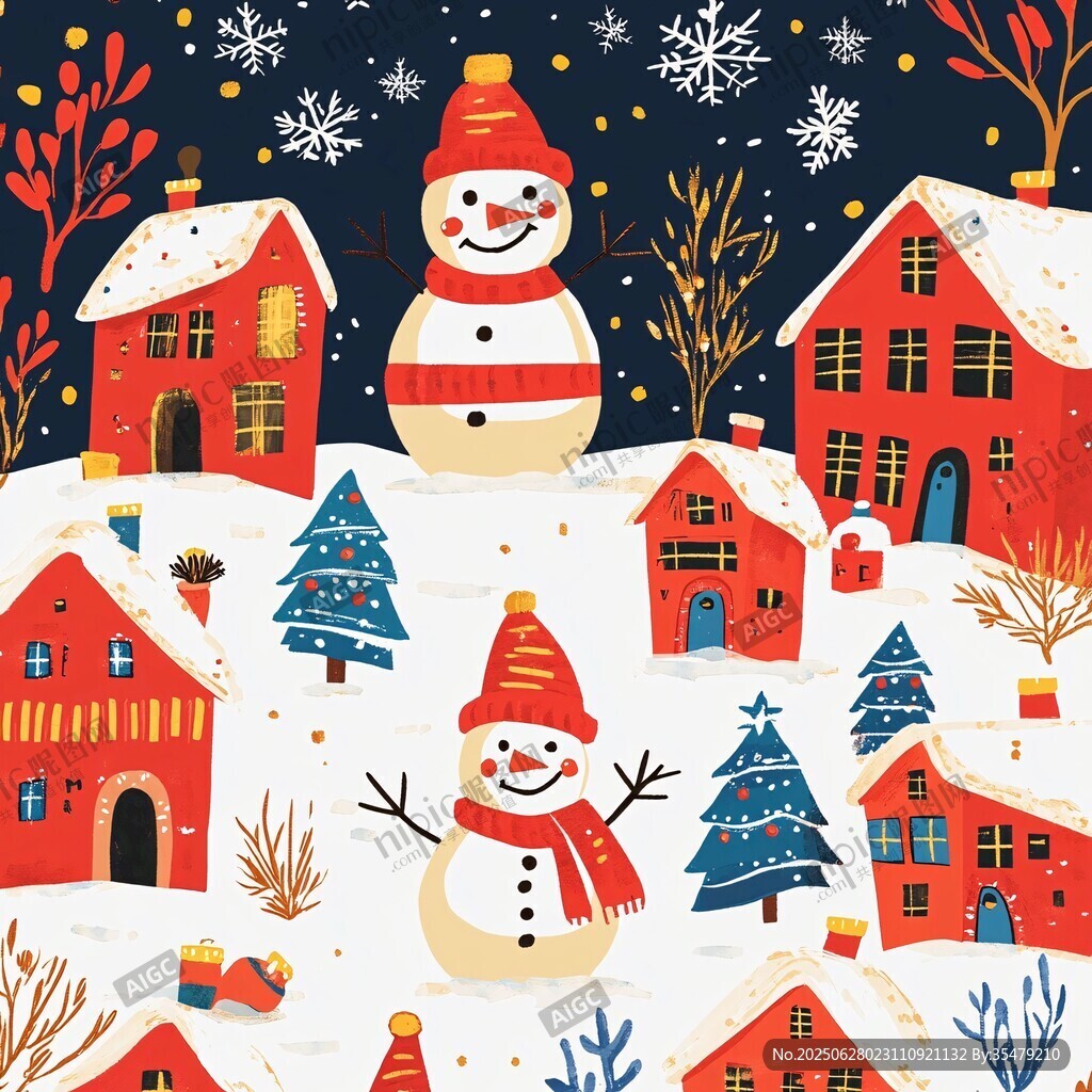 冬日雪景中的雪人與紅屋