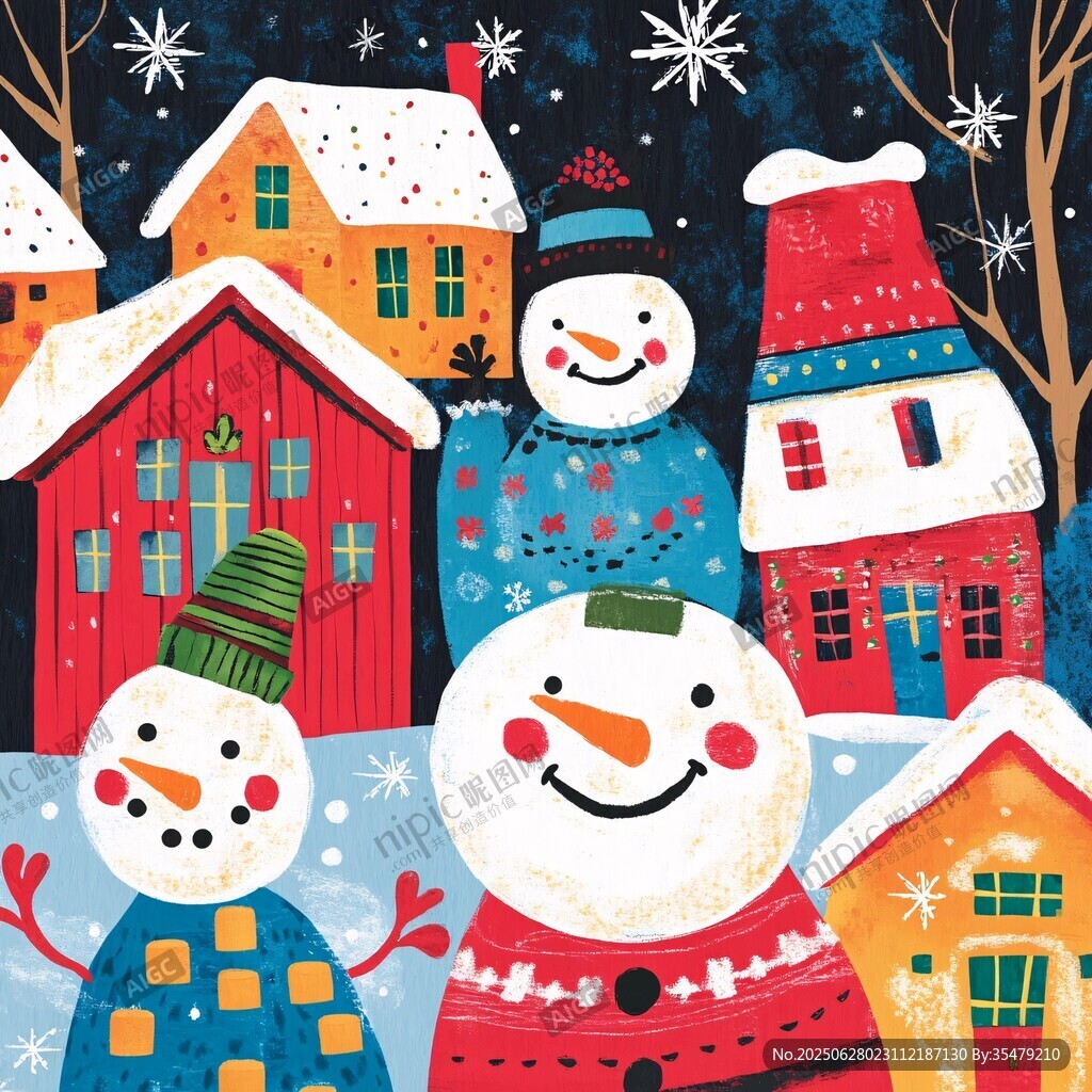 雪人與小屋的歡樂冬日場景