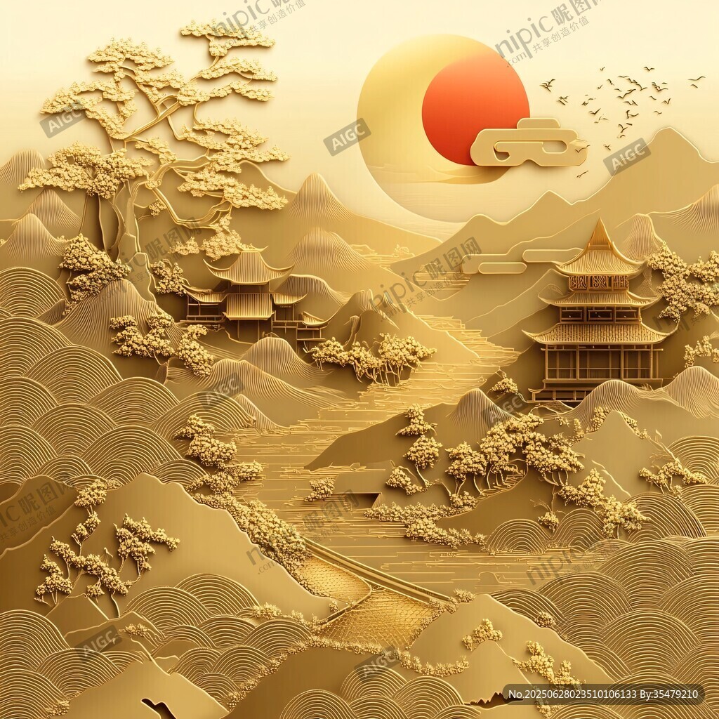 中式山水金韻古建筑圖景