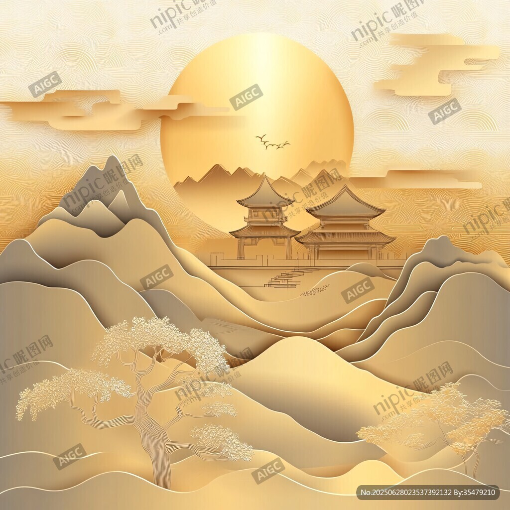 金色山水間的中式古韻意境