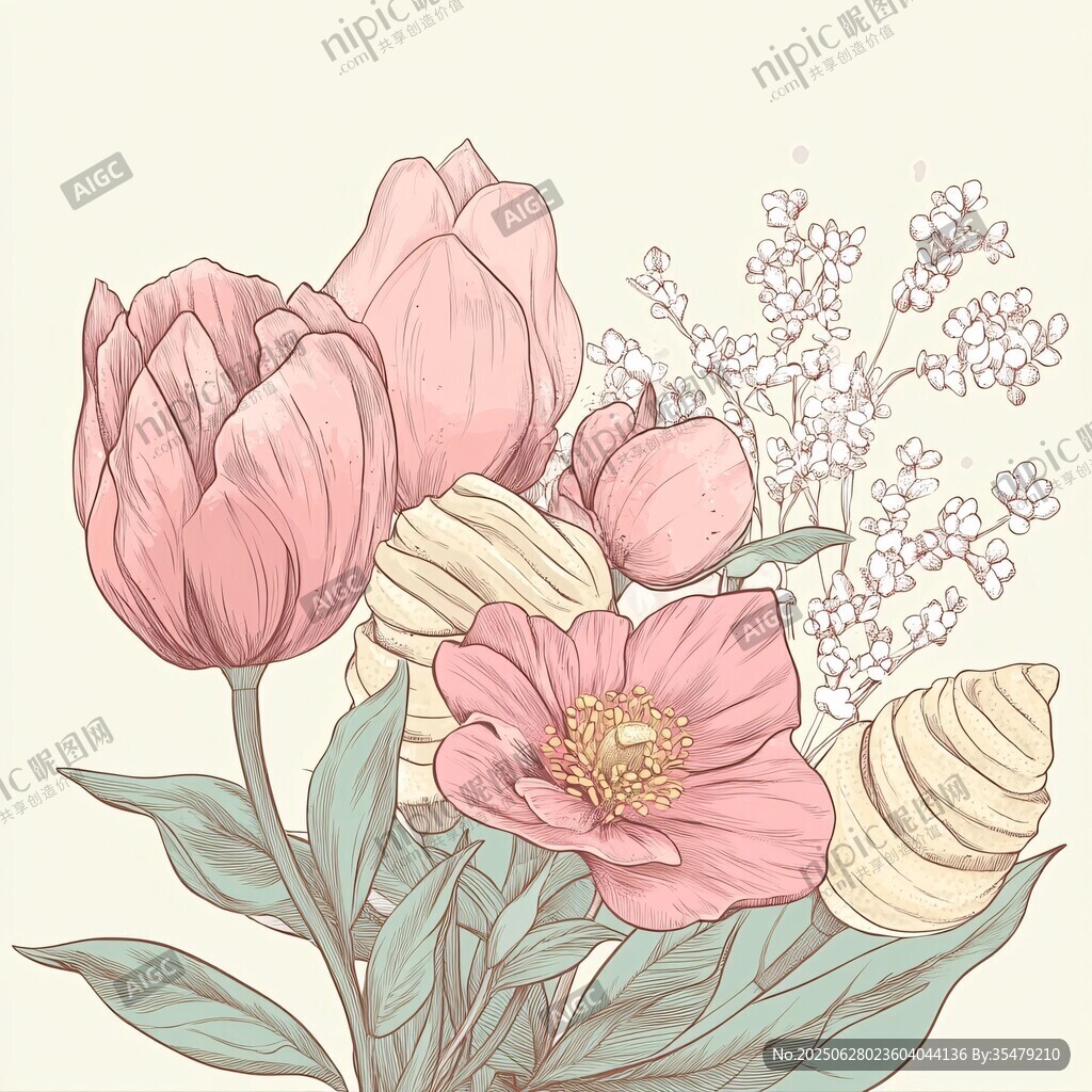 手繪粉色花卉清新插畫
