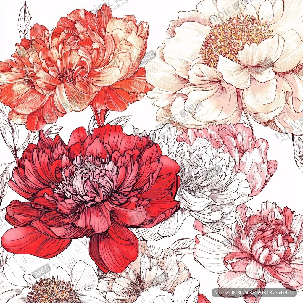 多彩手繪牡丹花插畫圖案
