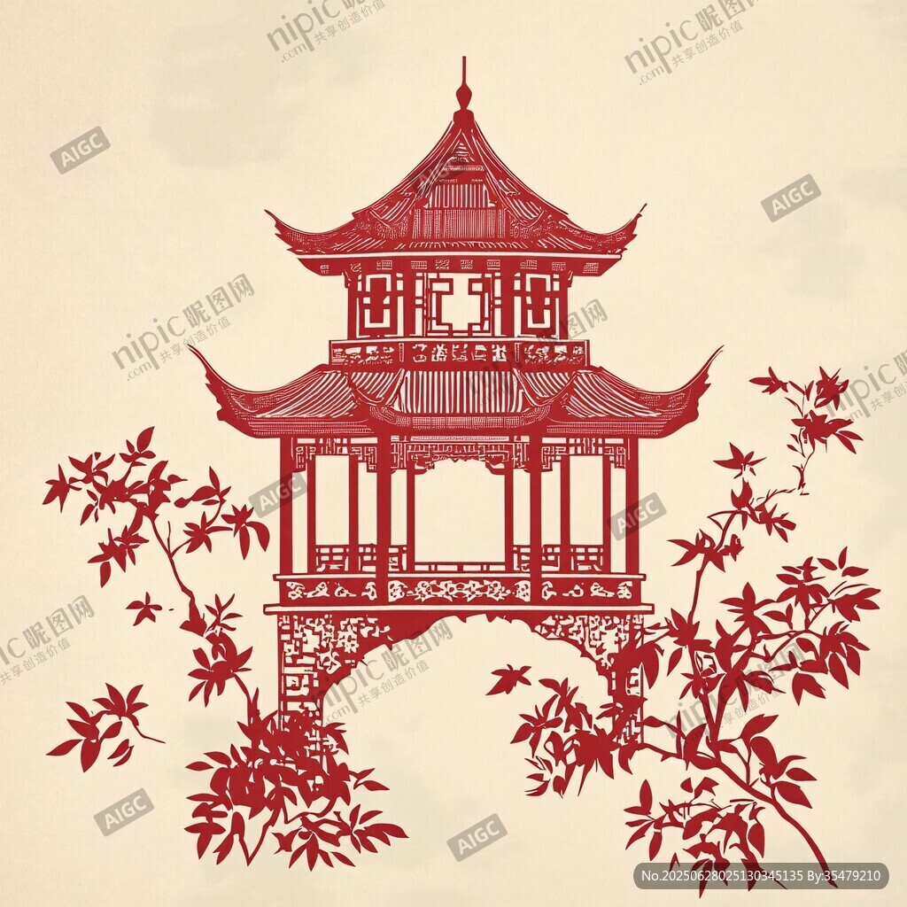 中式古典涼亭剪紙藝術圖