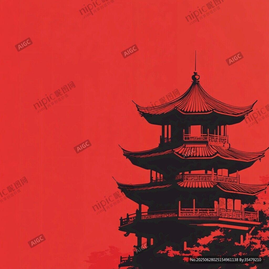 紅色背景下的中式古亭