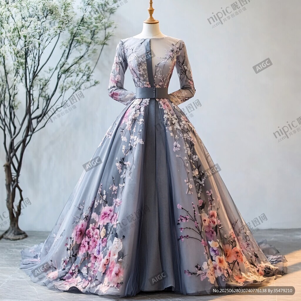 優(yōu)雅灰調(diào)花卉刺繡長(zhǎng)袖禮服