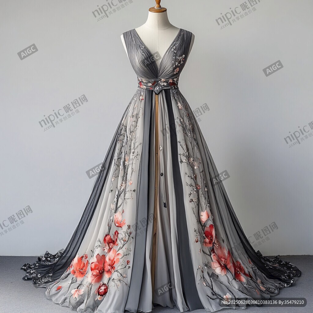 中式花卉刺繡長款晚禮服
