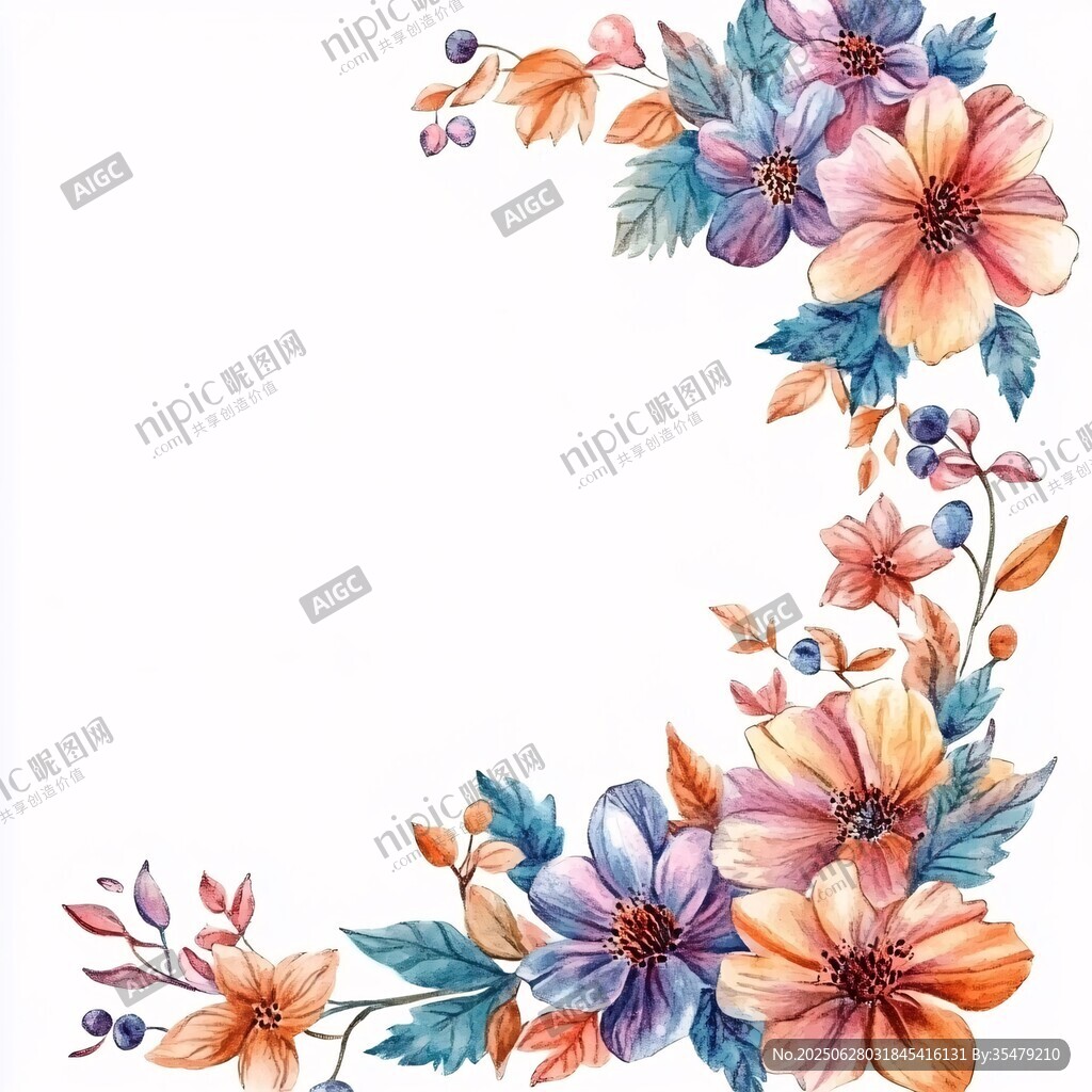 水彩花卉弧形裝飾圖案