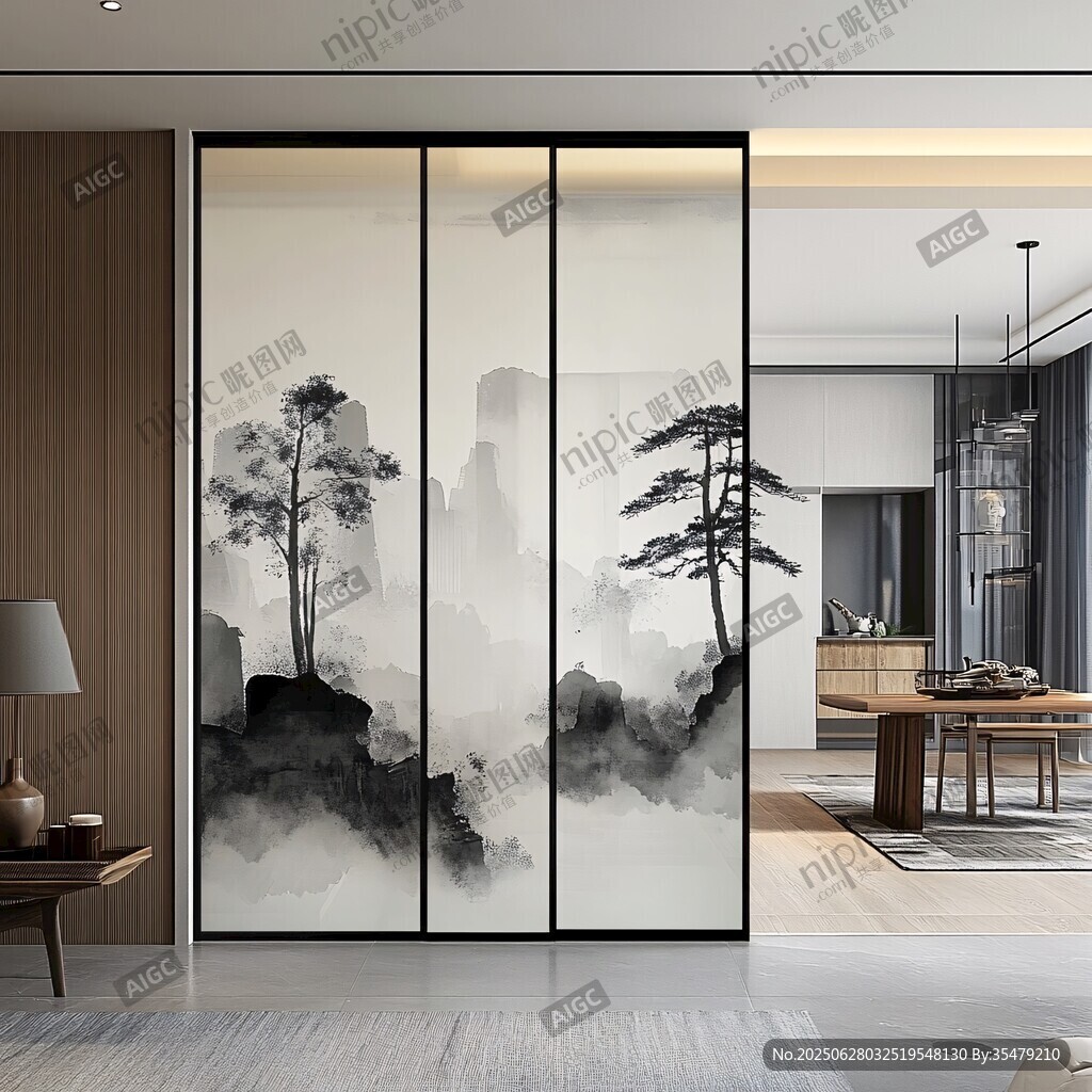 中式水墨風(fēng)客廳移動(dòng)隔斷
