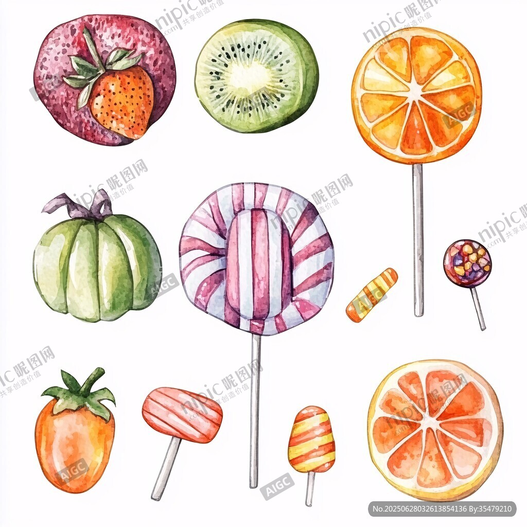 水彩繪水果與糖果插畫