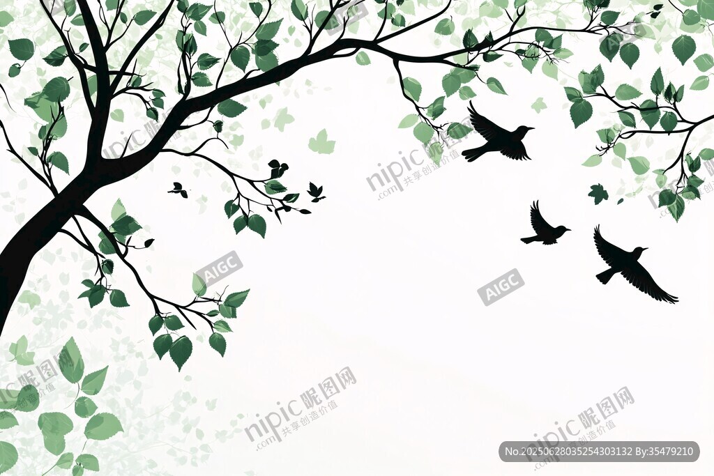 春日樹枝飛鳥清新圖景