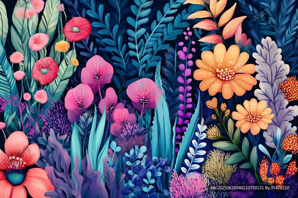 夢幻絢麗花卉插畫