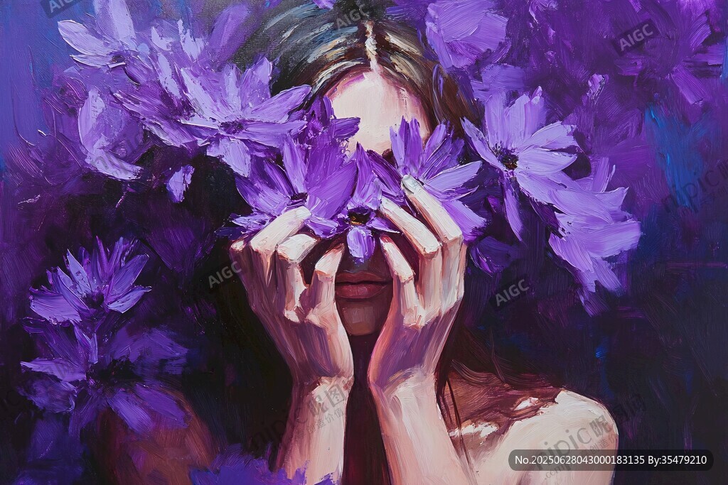 紫花掩面的神秘女性形象