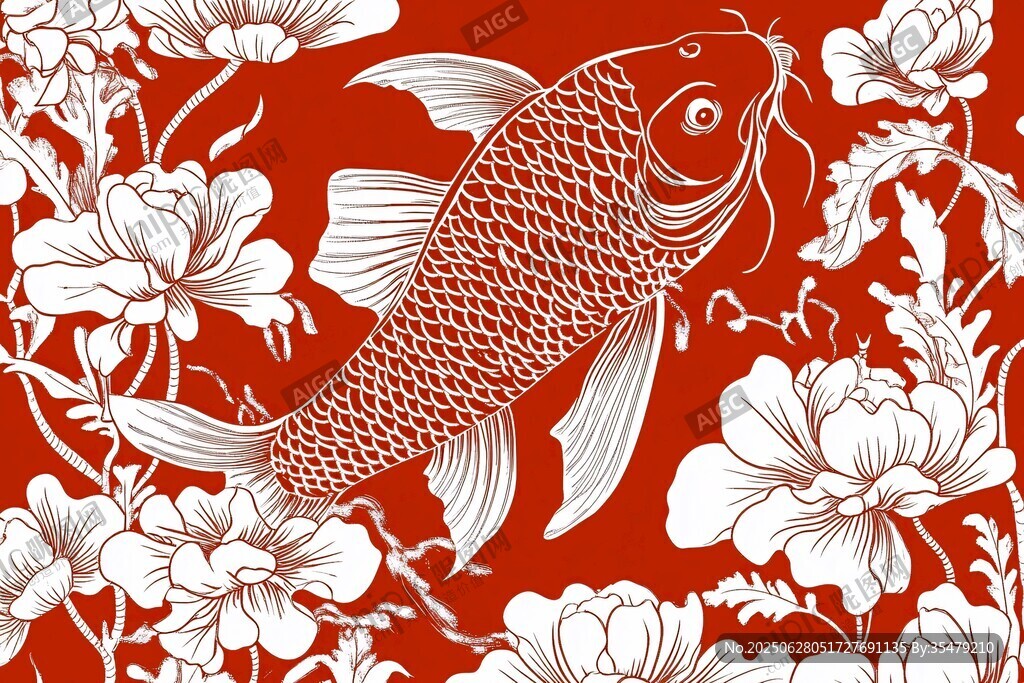 紅底白紋錦鯉花卉圖案