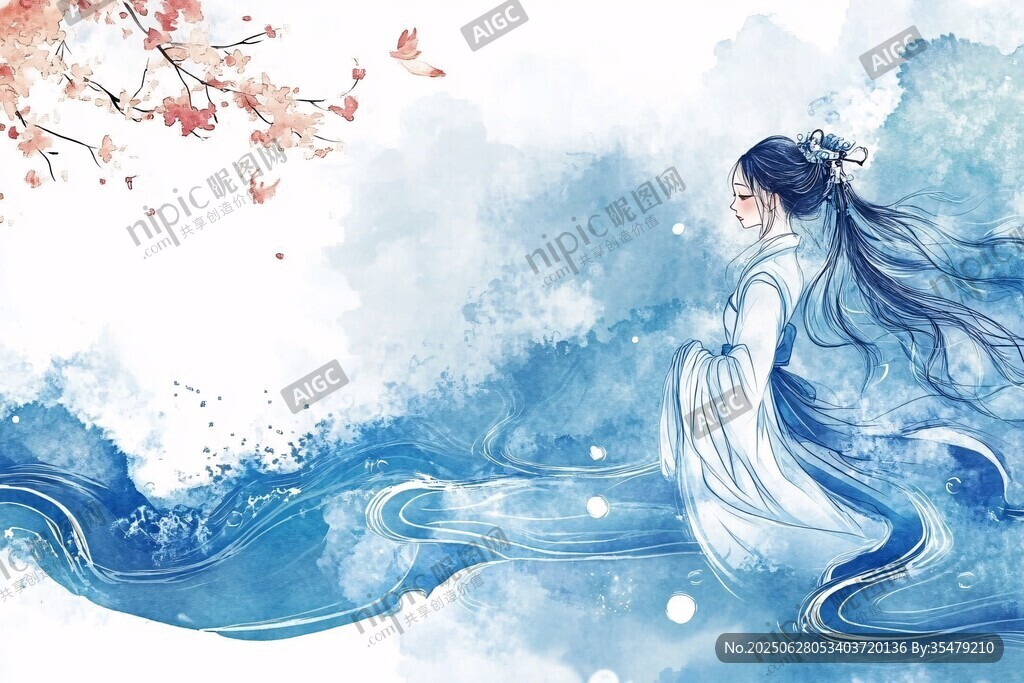 古風(fēng)女子于水畔靜立賞景