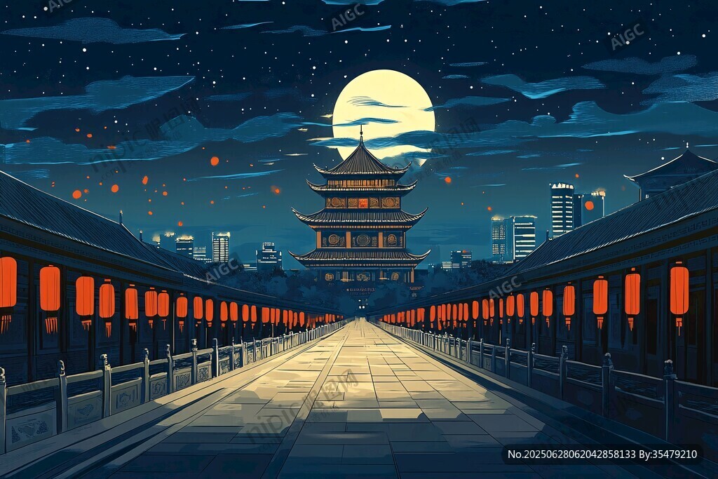 月夜下的古風建筑與城市景觀