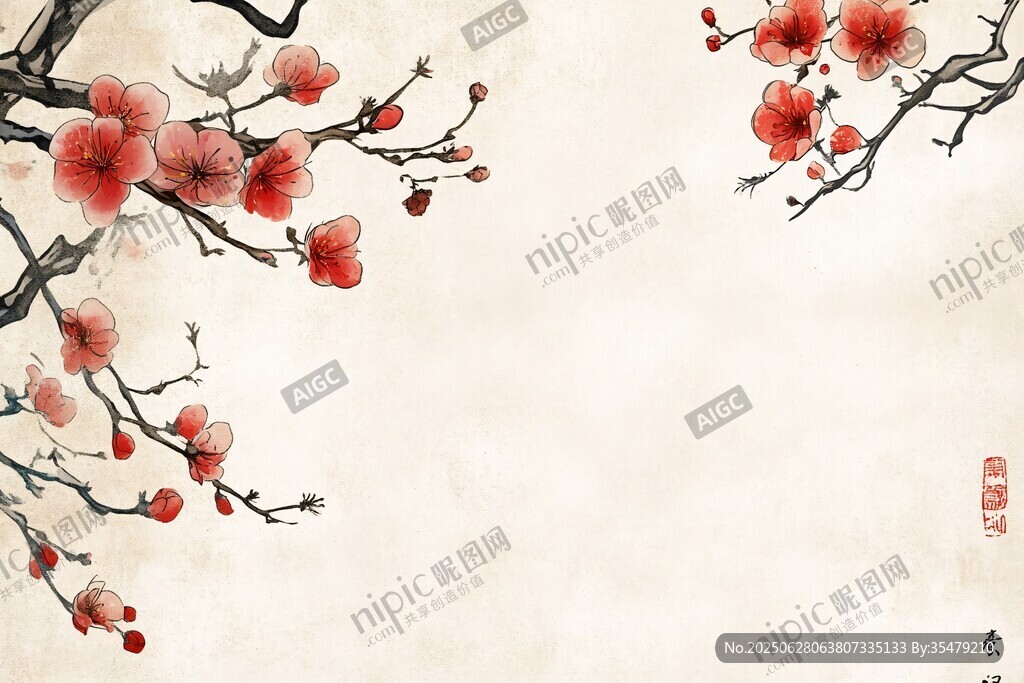 水墨紅梅圖