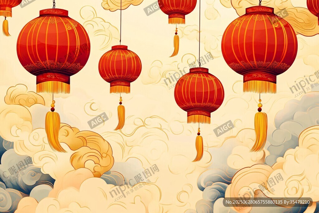 中式云間紅燈籠喜慶圖景