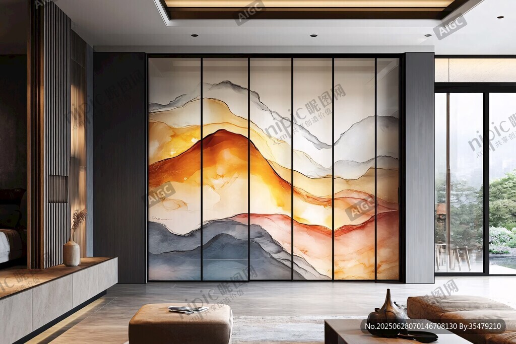現(xiàn)代客廳中式山水藝術(shù)屏風