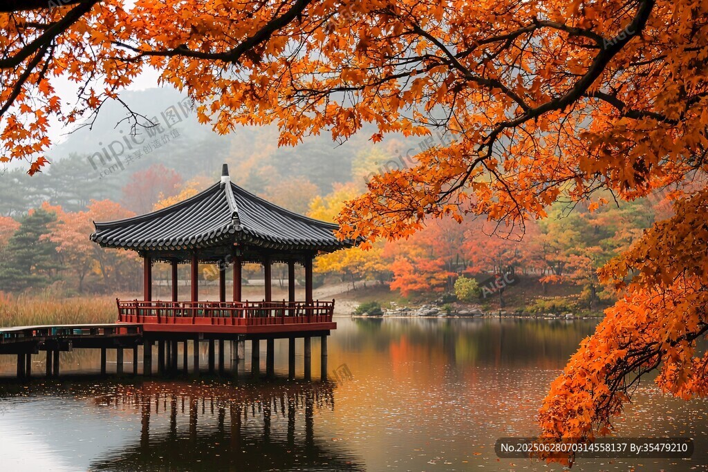 秋日湖畔古風(fēng)亭