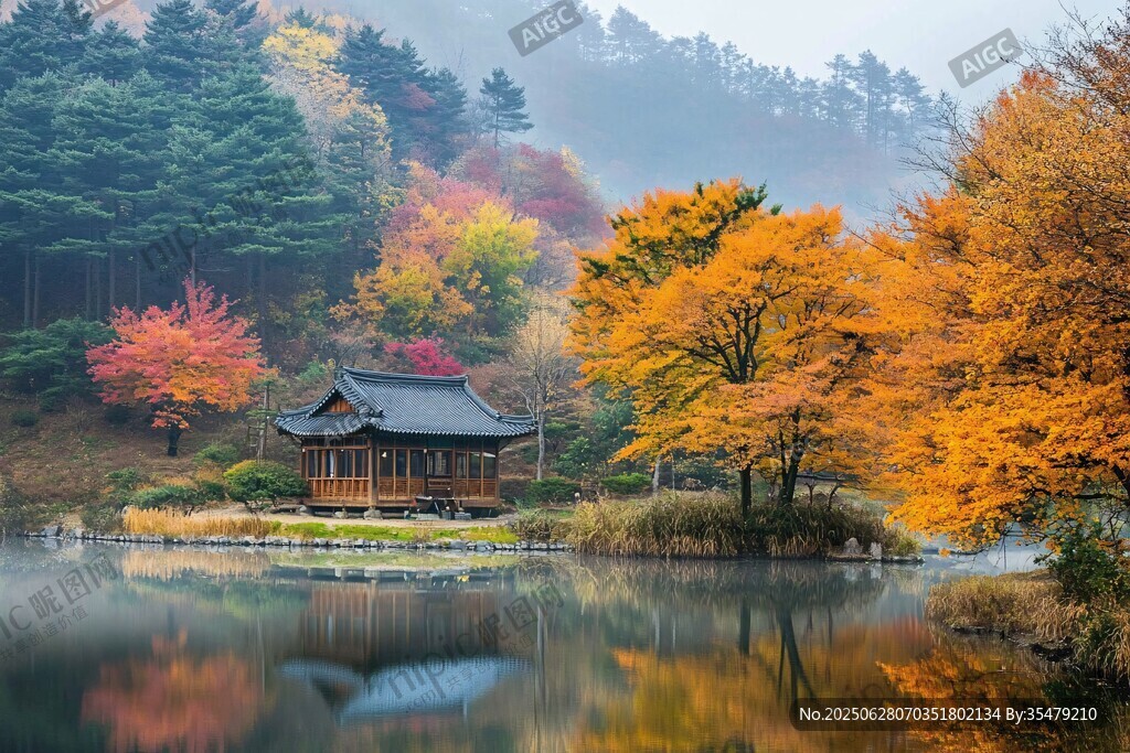 秋日湖畔古亭美景如畫
