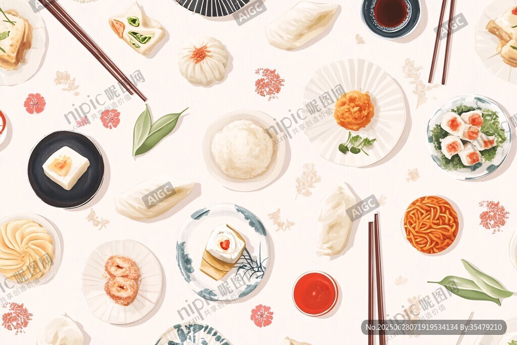 多樣中式點心與餐具插畫