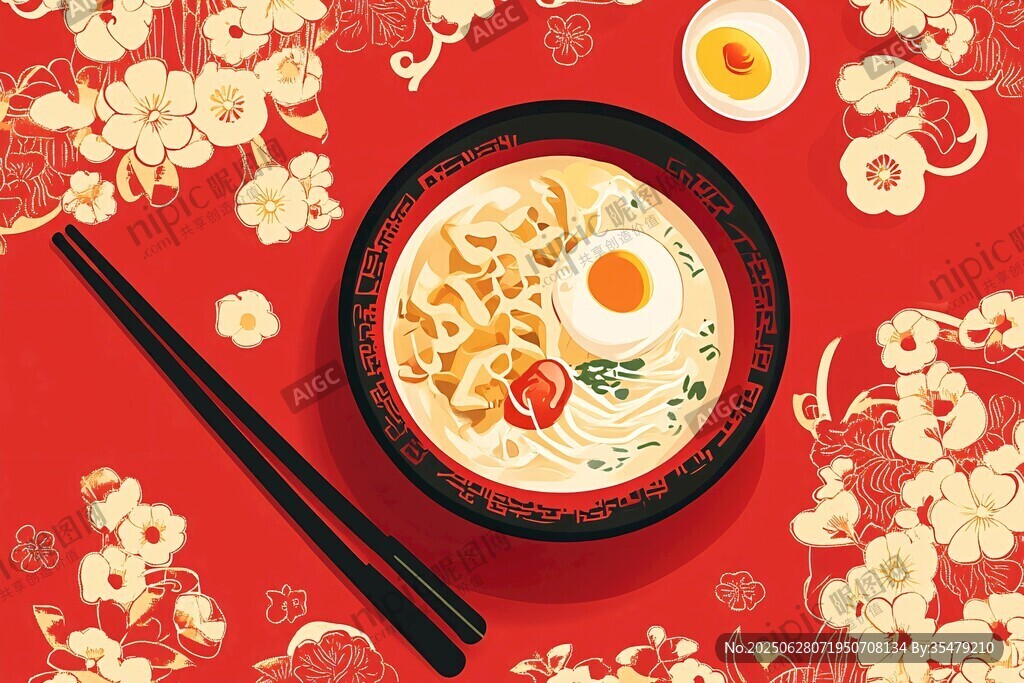 中式紅底拉面美食插畫(huà)