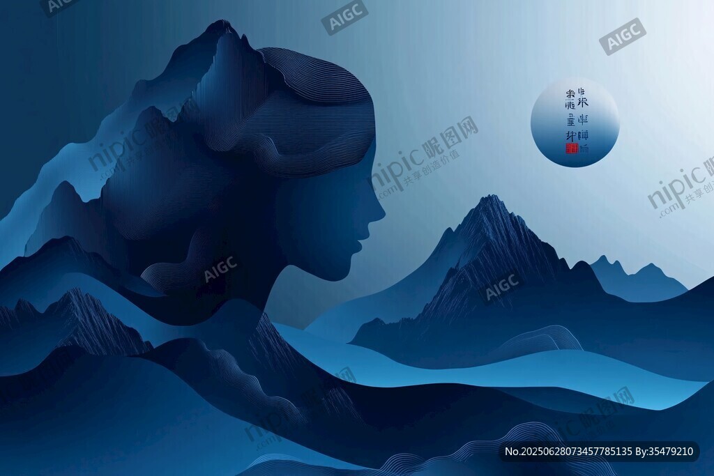 山水間的側臉剪影意境圖