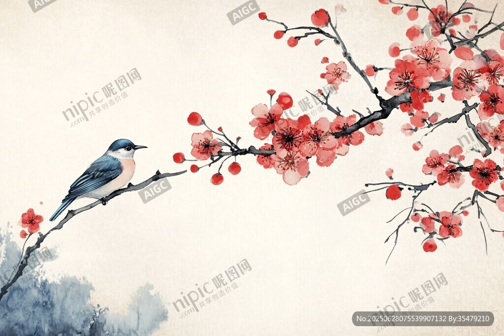 枝頭鵲立賞紅梅