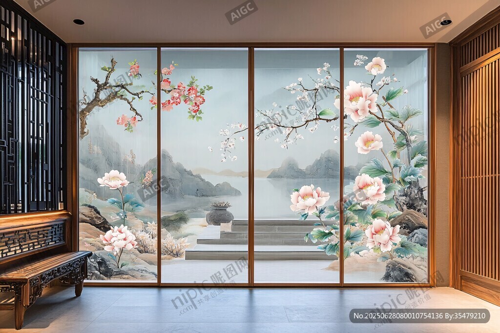 中式花鳥屏風(fēng)室內(nèi)裝飾圖