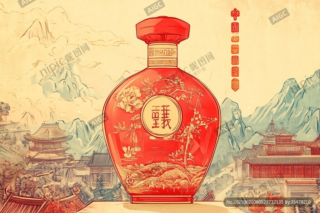 紅色中式古典酒瓶設計圖