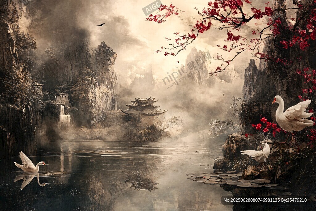 水墨山水間的禽鳥與繁花