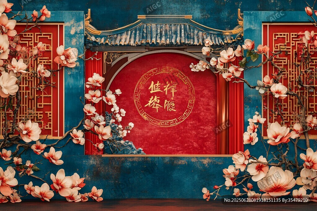 中式喜慶場景 花開福滿