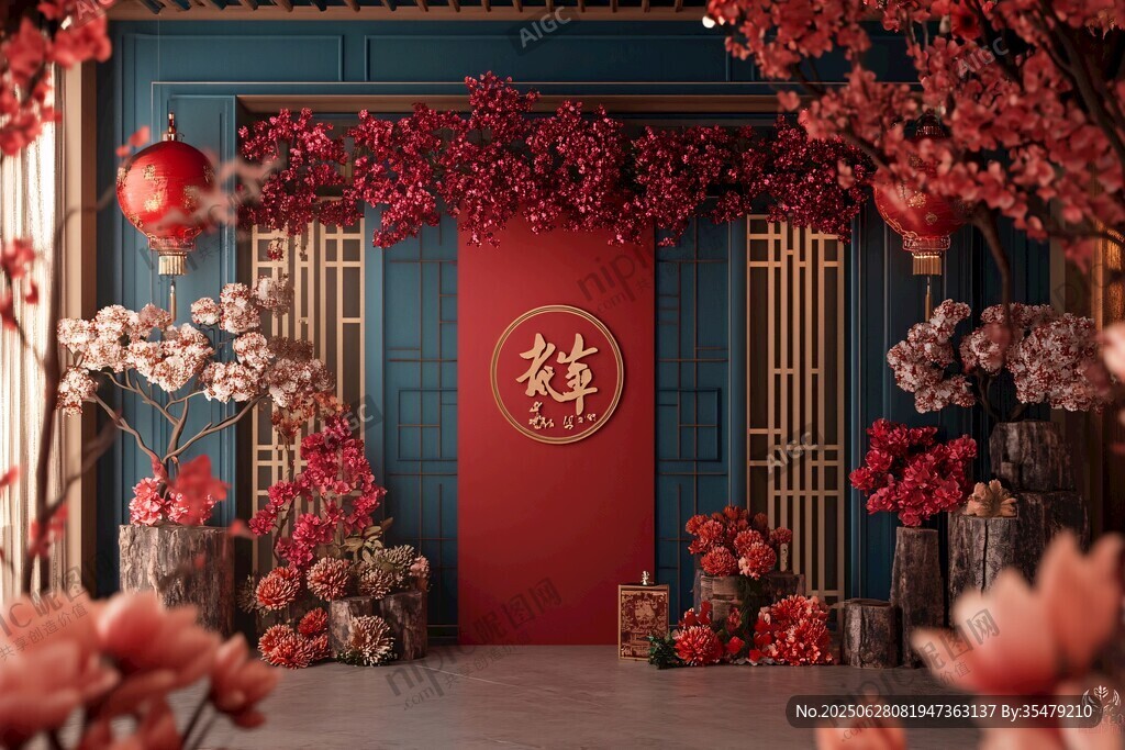 中式喜慶場景 繁花賀新年